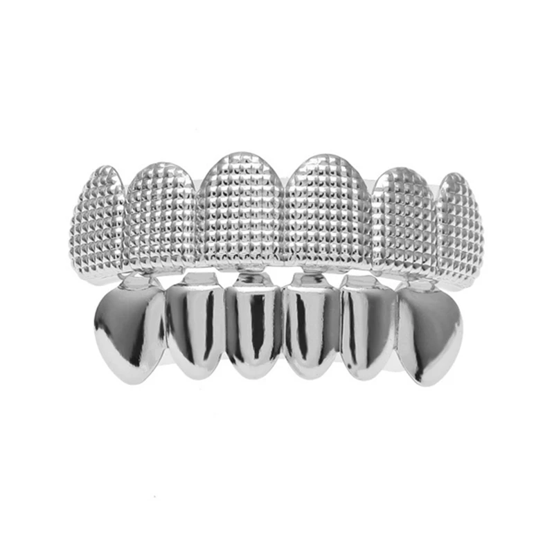 silver grid set BOAKO мужской хип-хоп TeethGrillz Fang Топ снизу зубы Grillzs набор полых зубов Grillz рэппер ювелирные изделия золото серебро черная Роза - Окраска металла: silver grid set