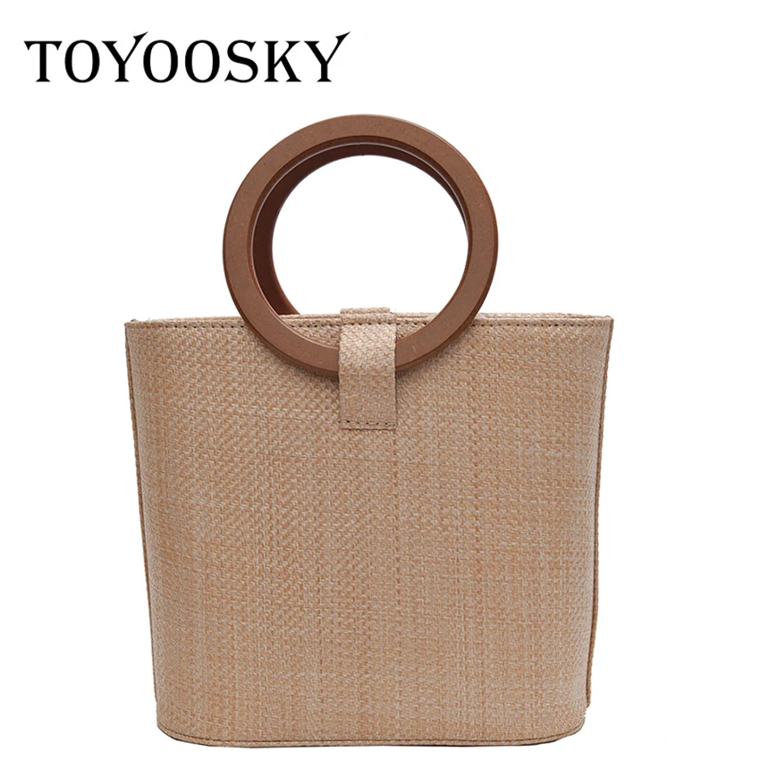 TOYOOSKY Женская модная соломенная сумка с круглой деревянной ручкой сумка-тоут