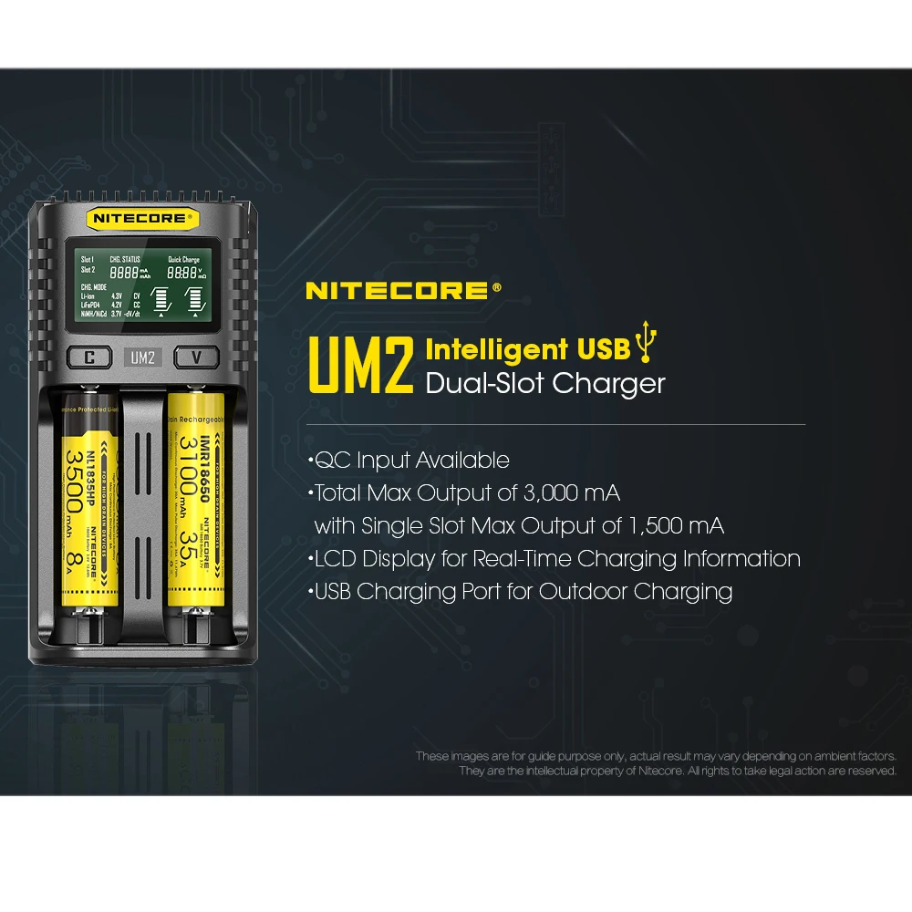 Nitecore UM2 USB Dual SlOT QC зарядное устройство интеллектуальная схема глобальная