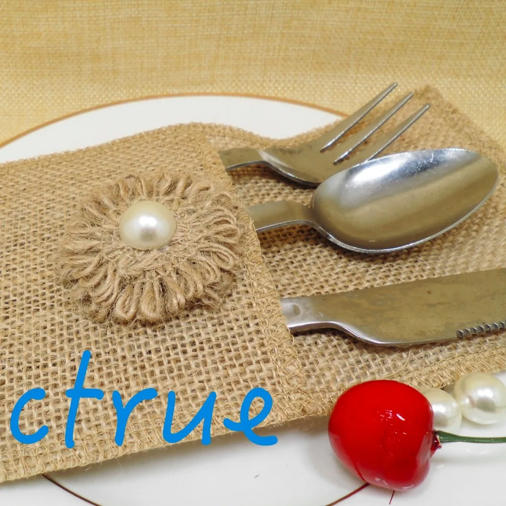 12 шт. цветочный дизайн Мешковина держатель для столового серебра столовых