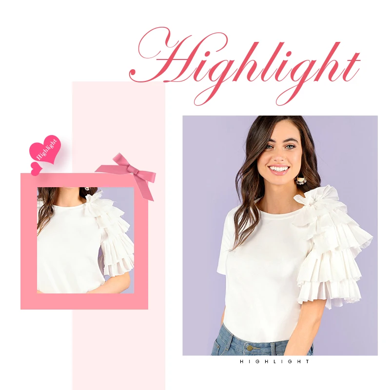 Dotfashion белый Многоуровневая рюшами отделкой облегающая футболка Для женщин Корейская одежда Повседневное летние топы опрятная футболка с коротким рукавом
