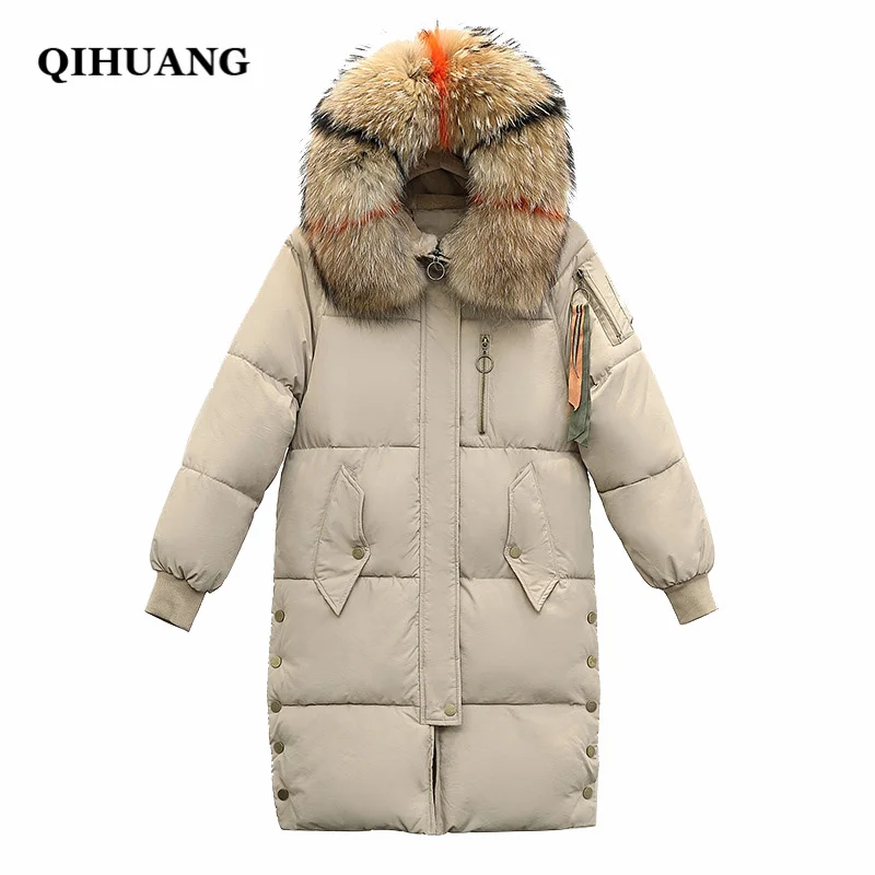 QIHUANG 2018 зимние женские пуховики с капюшоном большой меховой воротник женский