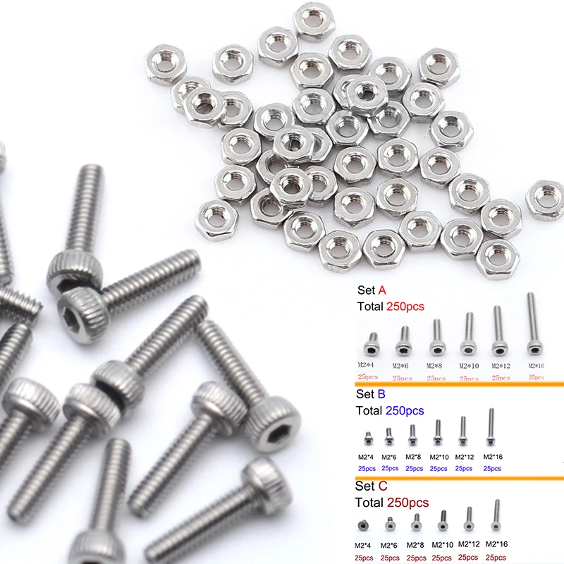 250pc/set M2 Cap/Button/Flat Head A2 Stainless Steel Hex Socket Screws Bolt With Nuts Assortment Kit |
