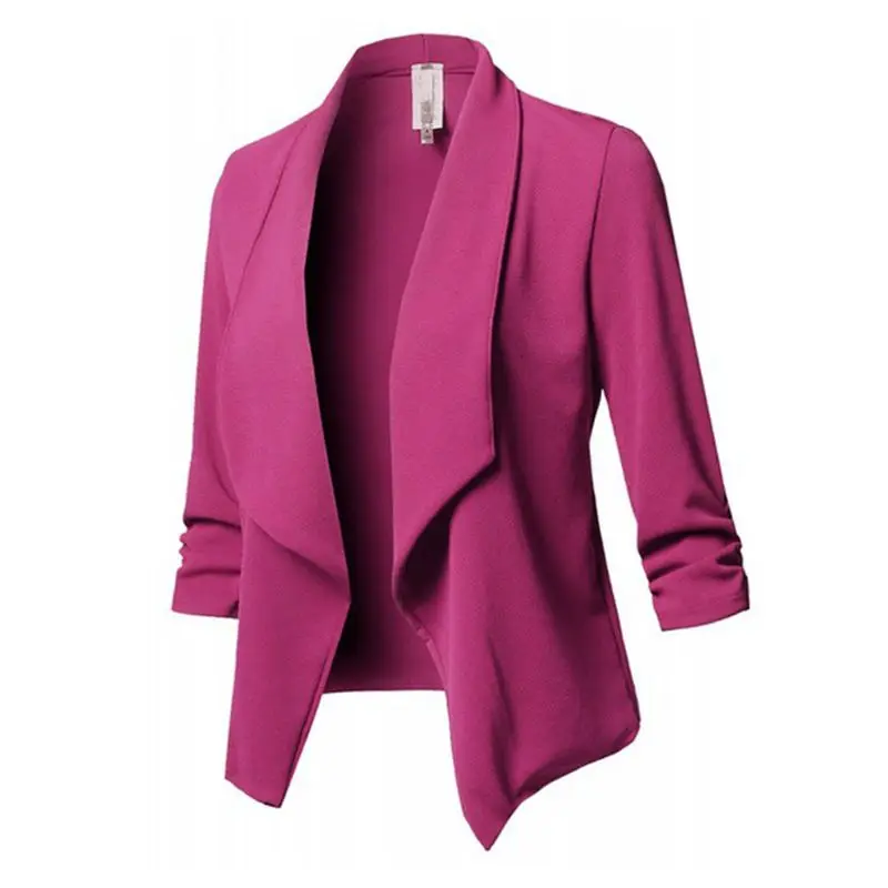hot pink Женское офисное пальто с рукавом три четверти и отворотами, открытый передний кардиган, куртка солидного размера плюс, женский пиджак с воротником - Цвет: hot pink