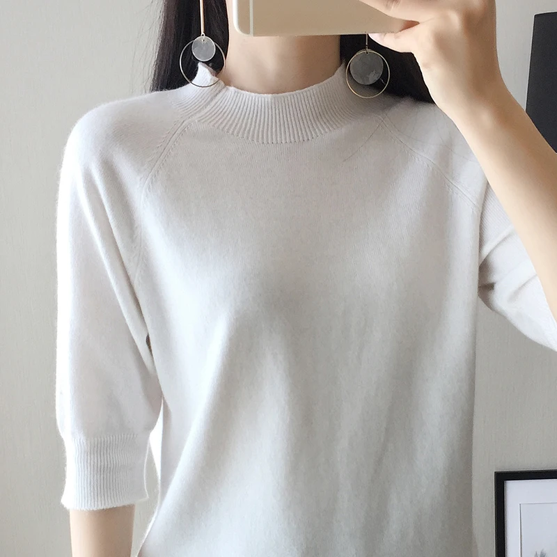 New Style Women's Knitted Cashmere Half Sleeve Sweater High Collar Slim Wool Solid Color Pullover Free Shipping | Женская одежда