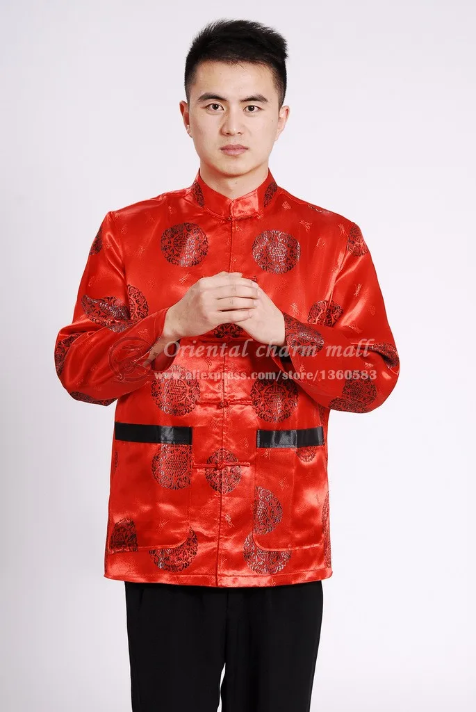Chinese Traditional Style Red Satin Tang suits Tops Manual button embroidery mandarin collar Jacket for men Autumn&ampwinter |