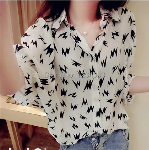 Free shipping 2014 summer new European style bat shirt printing loose casual female Lightning |