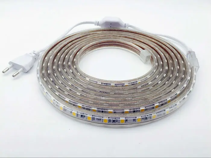 220В 5050 SMD 300 Светодиодная лента + Вилка питания 1 м/2 м/3 м/4 м/5 м/10 м/15 м/20 м белый/теплый