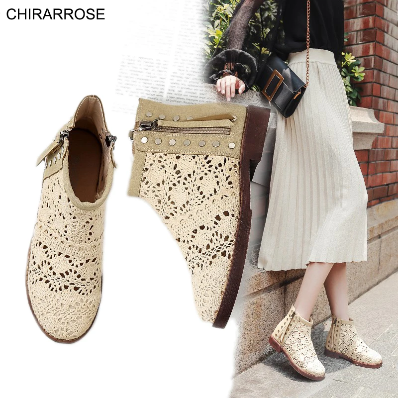 CHIRARROSE/Новые Модные женские летние вязаные ботинки; женские короткие ботинки из сетчатого материала на молнии; повседневные дышащие ботинки с перфорацией
