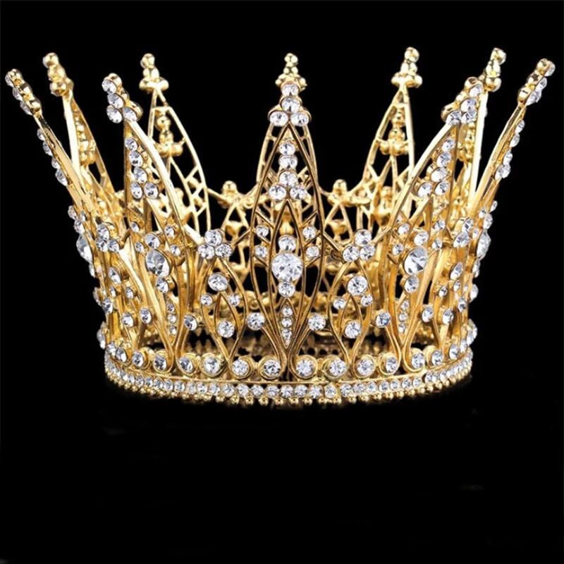 Модные золотистые стразы круглый диадема корона для королевы король диадема Выпускной День рождения Свадебные украшения для волос