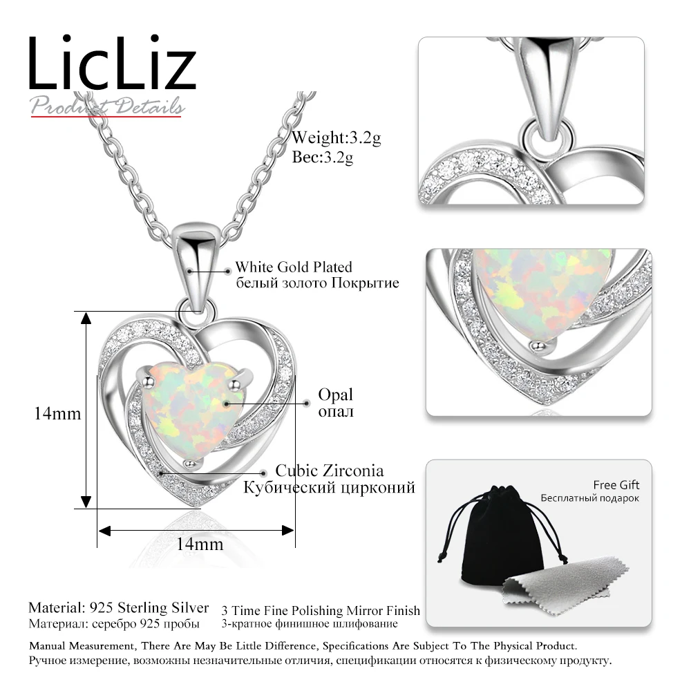 LicLiz, 925 пробы, Серебряное опаловое ожерелье для женщин, кубический цирконий, сердце, воротник с ожерельем с подвесками, висячие, Полые Подвески, ожерелье LN0247