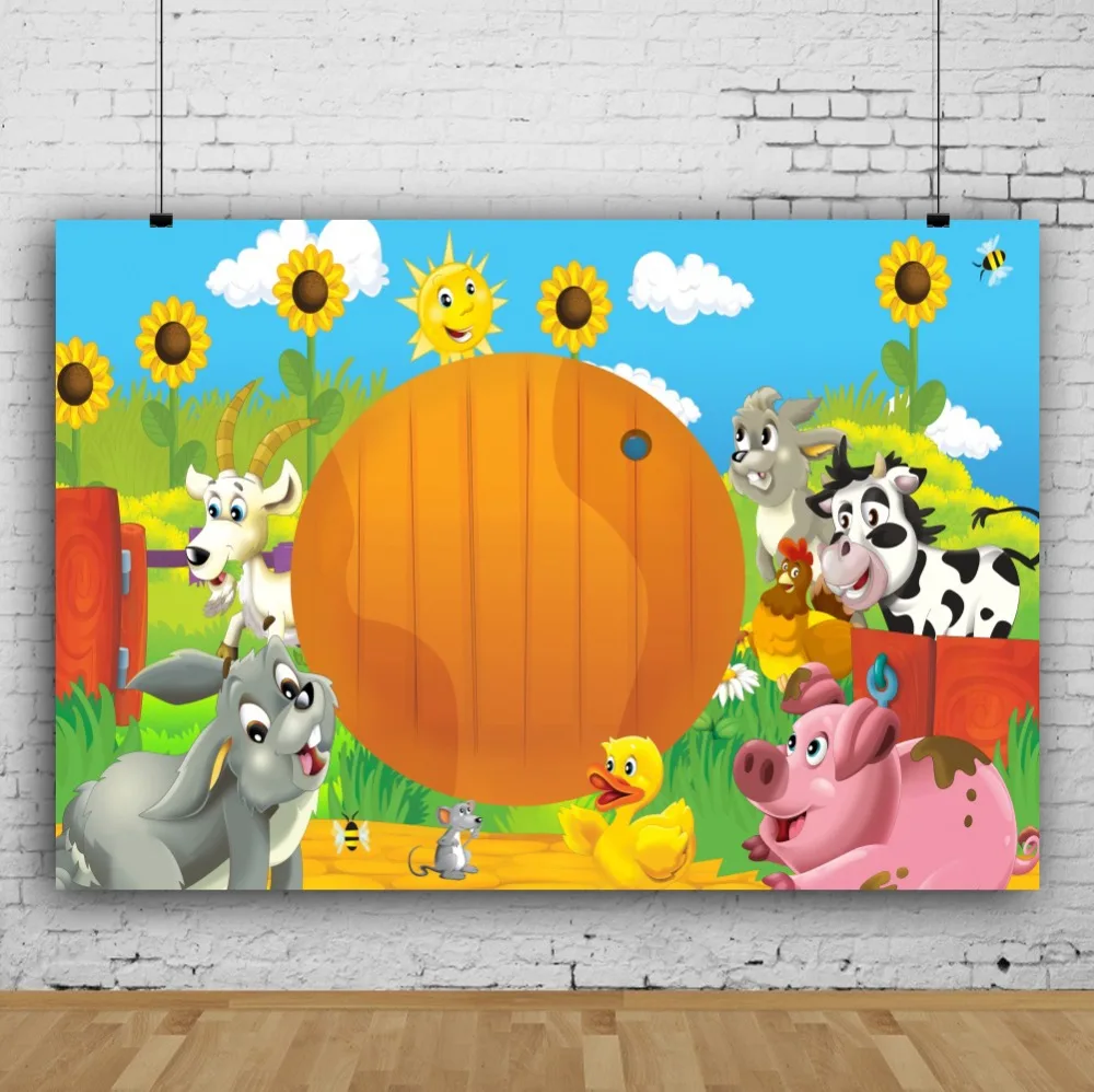 Laeacco Baby Cartoon Happy Birthday Party Farm Grass Animals Banner Photographic Backdrops Photography Backgrounds Photo Studio |