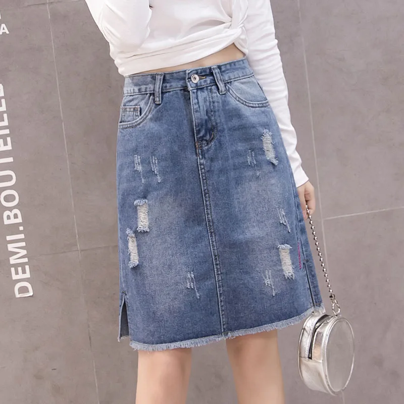 Джинсовые юбки с завышенной талией Новое поступление 2018 рваная трапециевидная