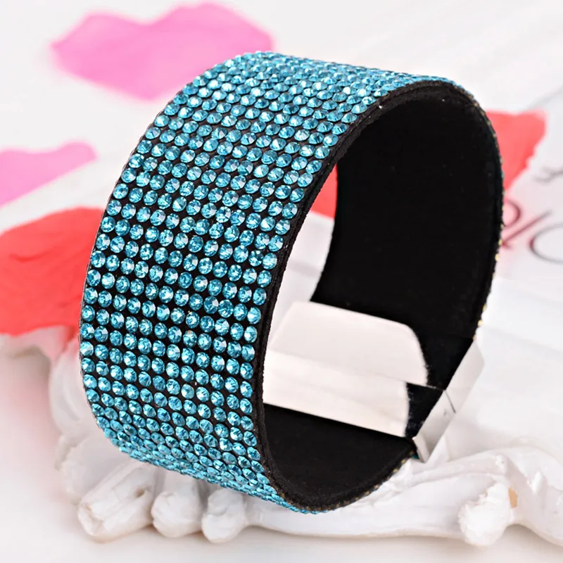 Crystal bracelet for women big wide full rhinestone leather pulseras mujer flannel wrap armbanden wristband | Украшения и