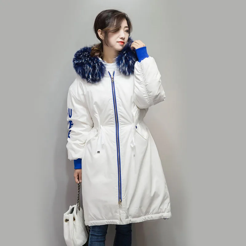 Зимнее длинное пуховое пальто для женщин 2018 большой натуральный мех енота с