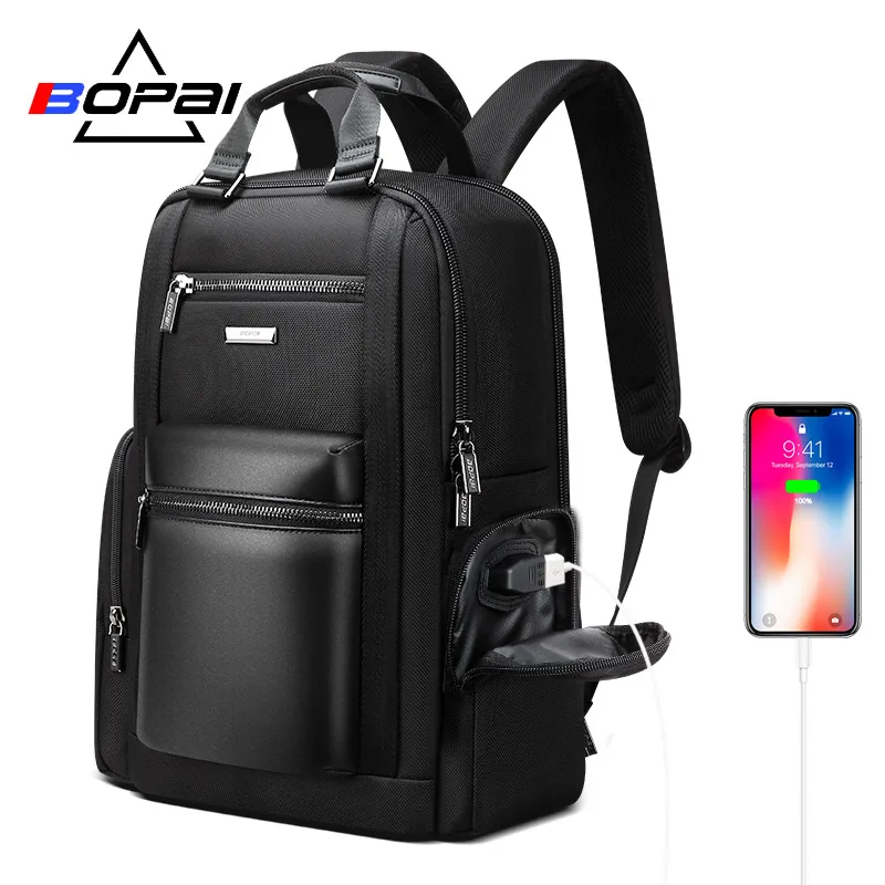 BOPAI, новинка, сумка для ноутбука, мужская, многофункциональная, бизнес стиль, рюкзак для путешествий, мужской, 90 градусов, свободный, открытый, 15,6 дюймов, рюкзак для компьютера - Цвет: Black