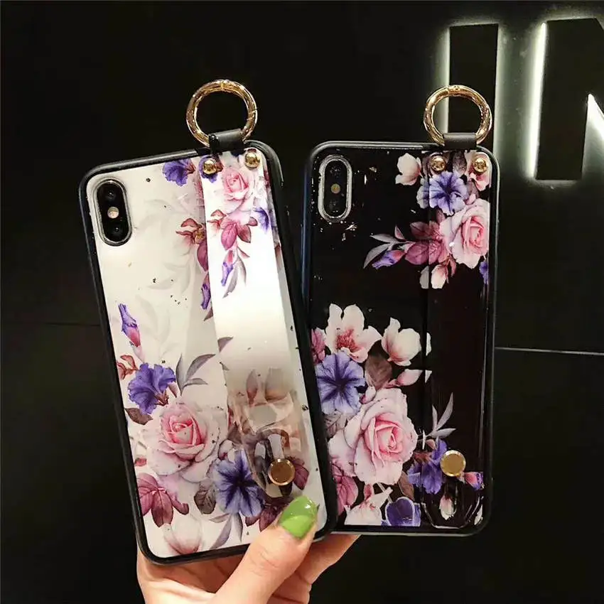 Soft Phone Back Cases For iPhone XR XS MAX 6s 8 7 Plus Luxury Retro Rose Flower Pattern Holder Stand Covers With Wristband Coque |