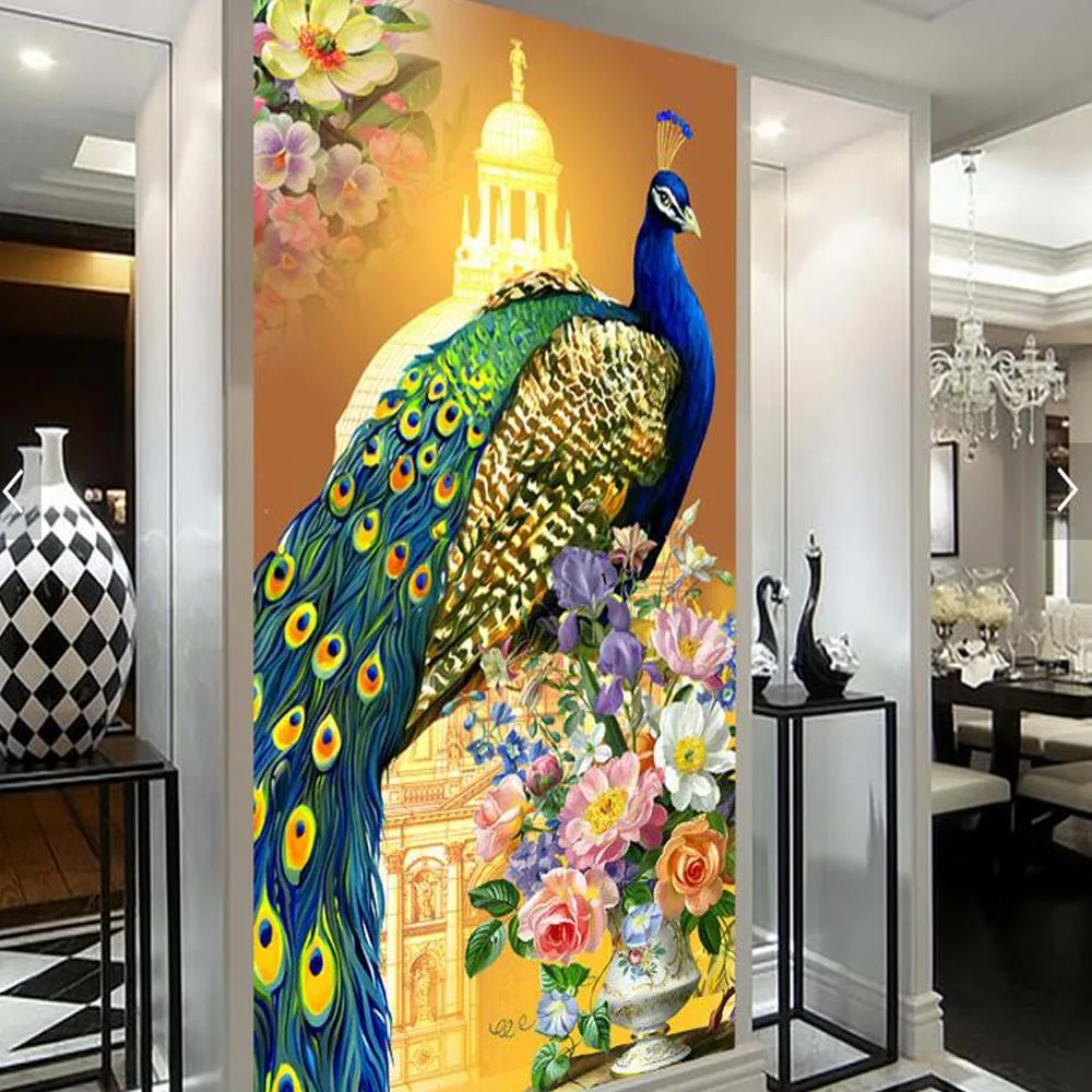 

Peacock photo entrance mural 3d room wallpaper wall landscape for living room restaurant shop TV Backsplash papel de parede roll