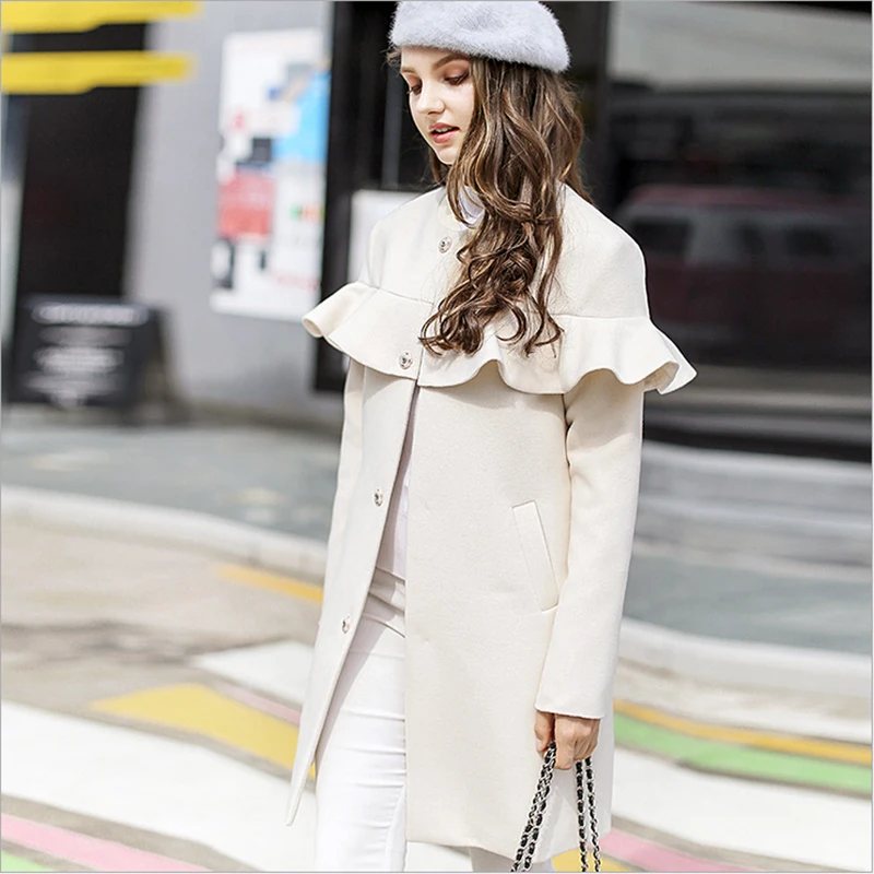 Korean Ruffle Woolen coat female Loose Wool Blend Coat Jacket for women Coats Autumn Winter manteau femme hiver veste exo | Женская