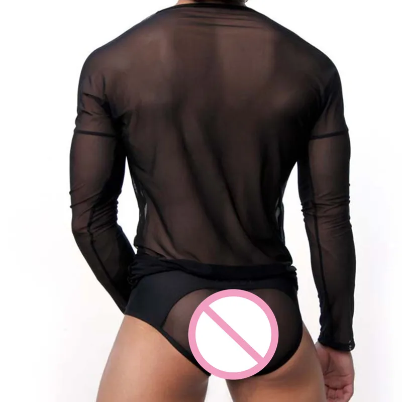 Mens underwear transparent gauze long sleeve T-shirt men's sexy tights undershirt tops tank | Мужская одежда