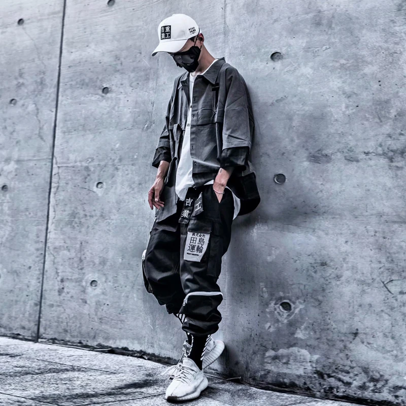 Black Loose Cargo Pants Men with Straps Beige Boyfriend Women Hip Hop Casual Streetwear Men's Summer Trousers | Мужская одежда