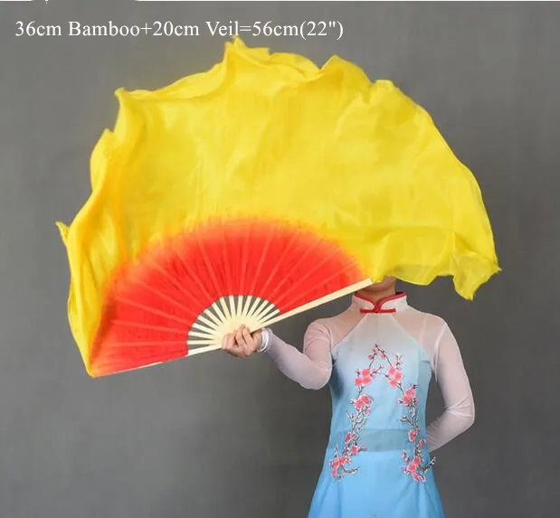 56cm(36 20cm) Большой размер красный желтый градиент Танец Живота Шелковые веерные вуали пары(1L+ 1R) китайская шелковая вуаль бамбук складной веер 1"-34" - Цвет: 56cm(36 20cm)