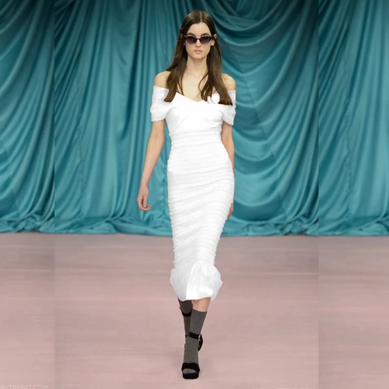 2019 Newest White Short Sleeve Elegant Celebrity Women Bandage Dress Off The Shoulder Solid Mermaid V neck Vestidos Club Festa | Женская