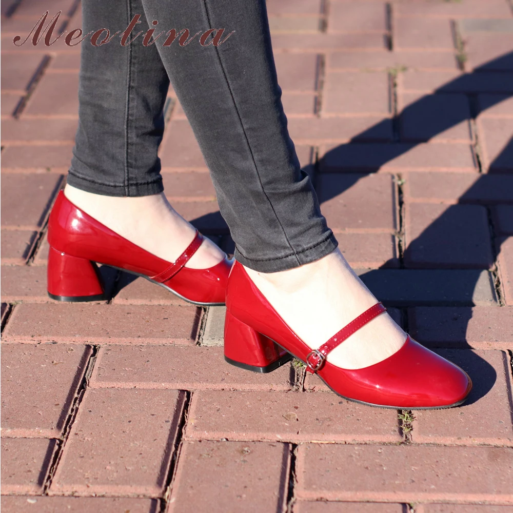 

Meotina High Heels Shoes Women Mary Janes Shoes Patent Leather Med Heel Pumps Buckle Square Toe Ladies Shoes Red Plus Size 33-43