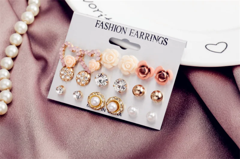 Элегантный 9 пар/компл. жемчуг с украшениями в виде кристаллов и цветов серьги