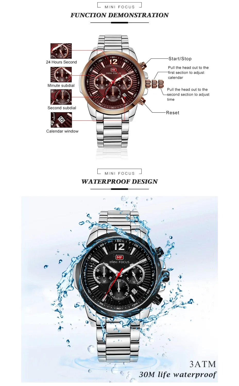 Мини фокус моды Chrono кварцевые часы Для мужчин Нержавеющая сталь ремень морской
