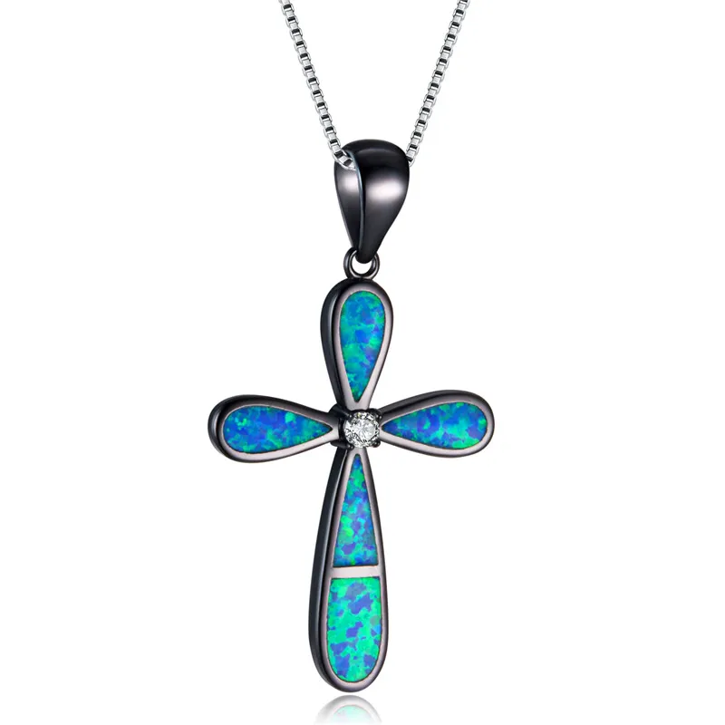 Black Blue Opal Boho Женский Большой Крест Подвески ожерелье s модное белое синее огненное опаловое ожерелье винтажное 925 Серебряное свадебное ожерелье s для женщин - Окраска металла: Black Blue Opal