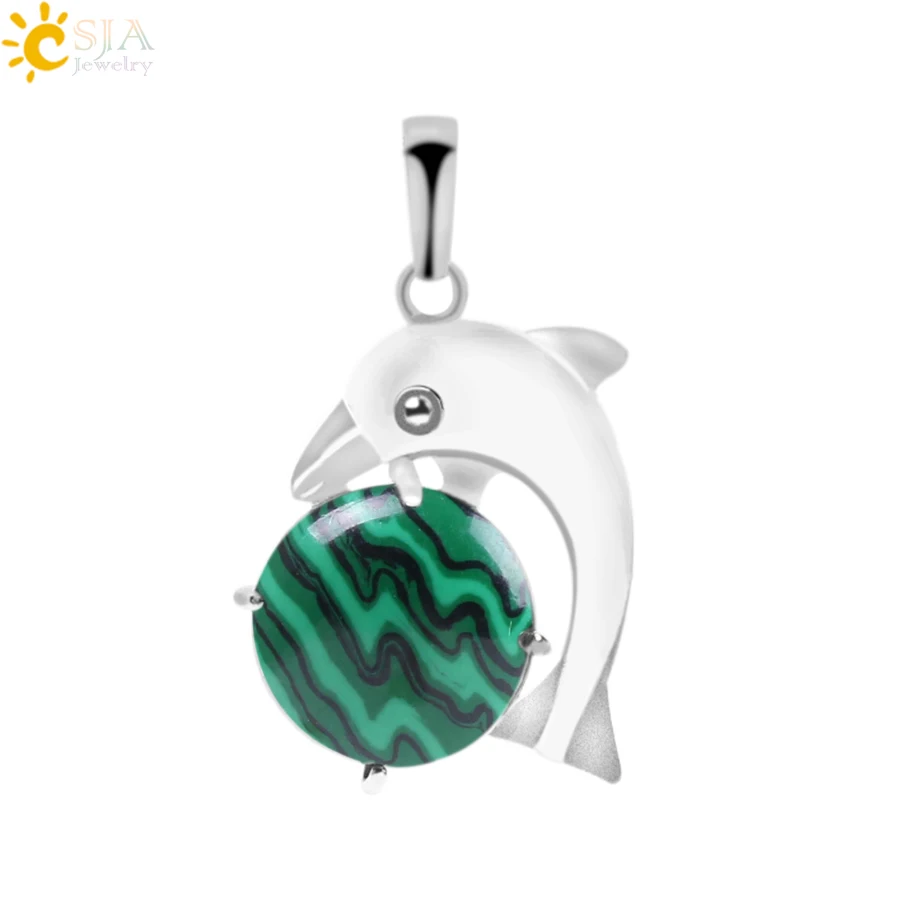 Malachite CSJA Дельфин ожерелья в виде животных подвески для девочек чакра рейки лазурит натуральный Круглый драгоценный камень бусины ручной работы ювелирные изделия F096 - Окраска металла: Malachite