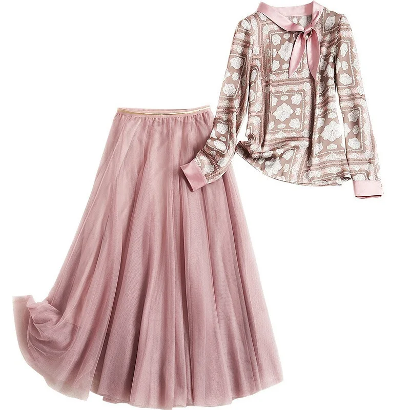 Женский топ с бантом и цветочным принтом шифоновый длинными рукавами + розовая