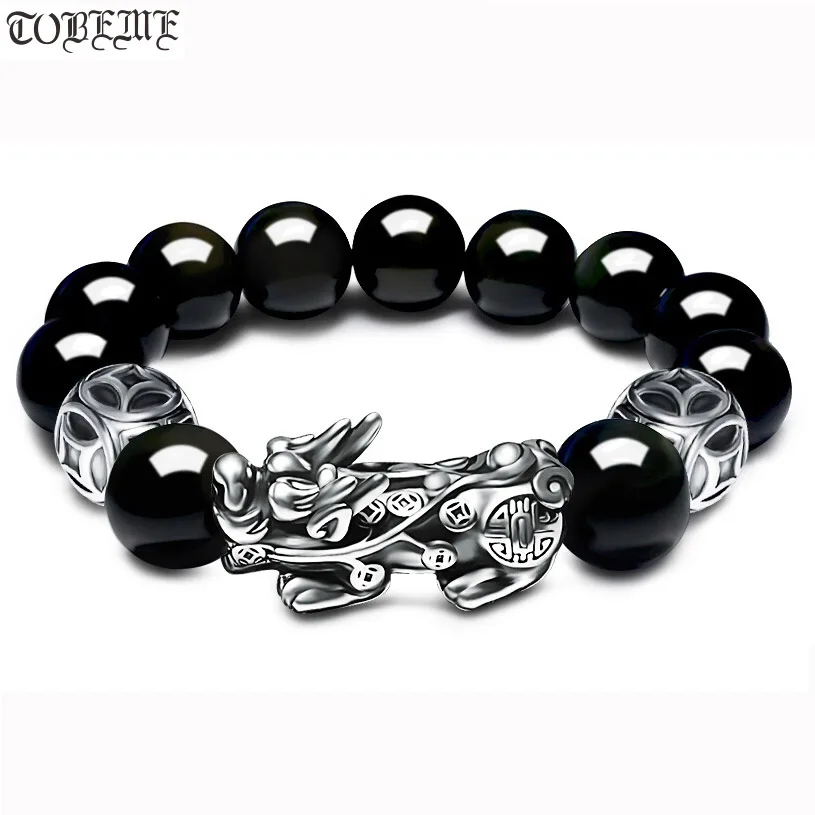 

3D 999 Silver Pixiu Beads Bracelet Obsidian Beaded Wealth Pixiu Bracelet Fengshui Good Luck Bracelet