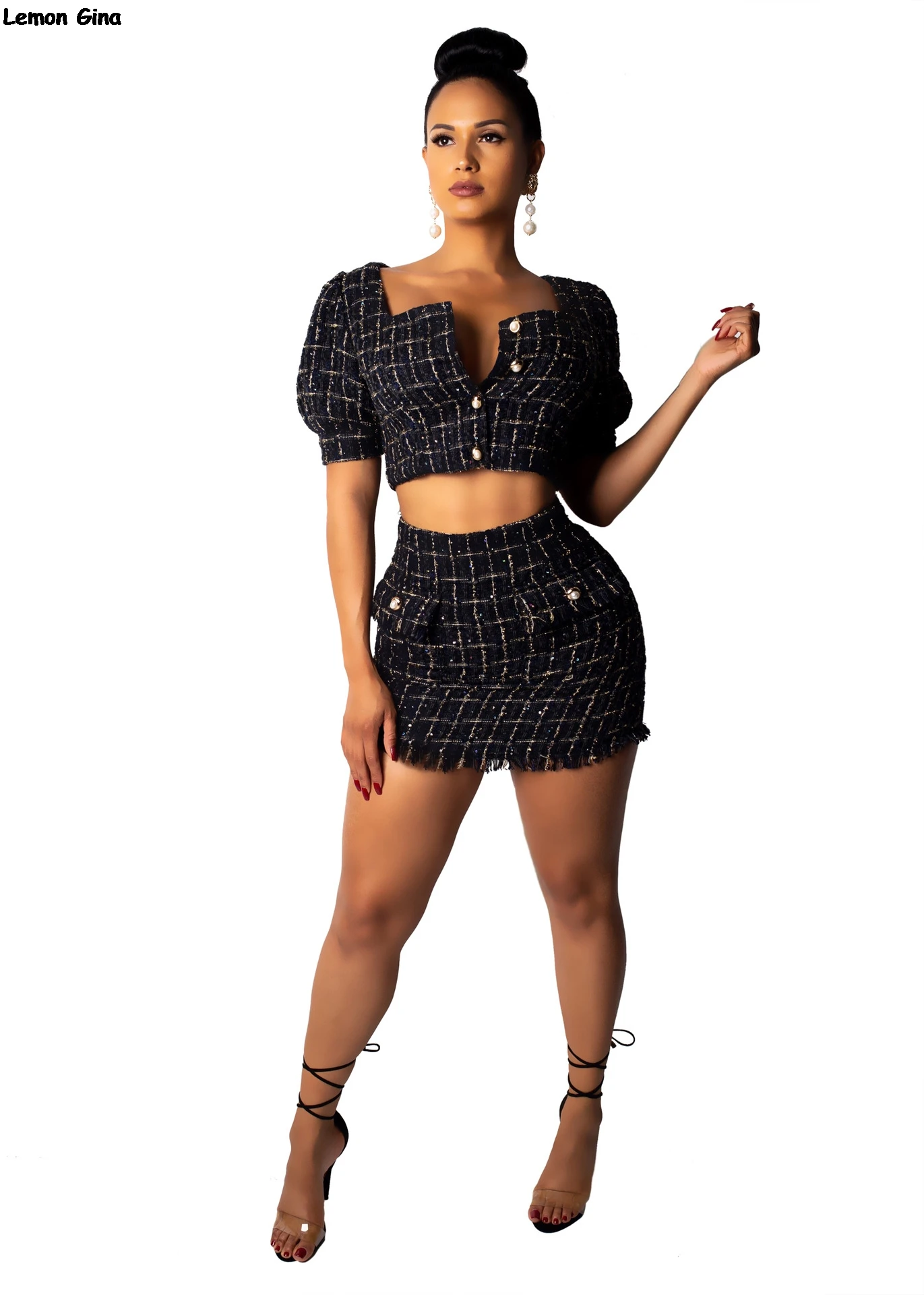 Новые зимние наполовину спущенный рукав кнопка плед Топы bodycon выше колена мини