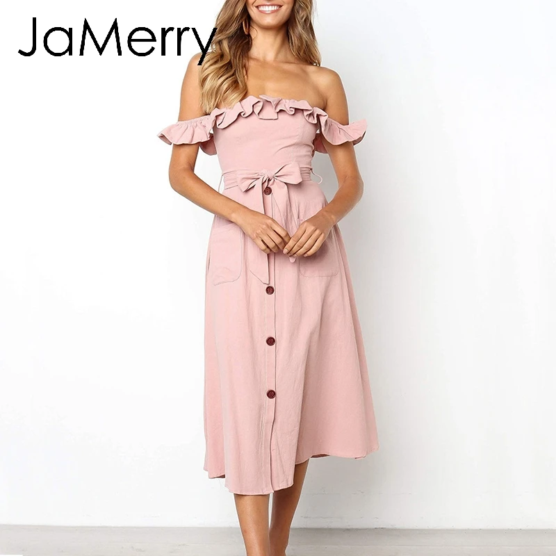 JaMerry Сексуальное женское платье с открытыми плечами и рюшами Элегантное Черное