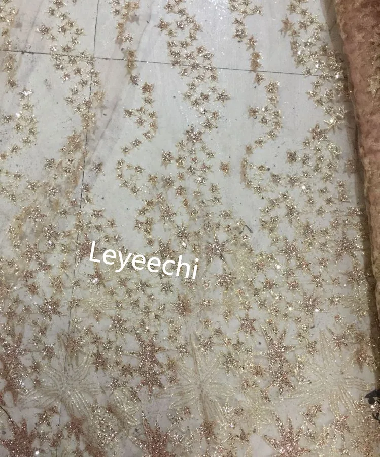 3yards/lot Gold and Blue Pentagram Glitter Sequins French Lace Fabric High Quality glitter For Wedding | Дом и сад