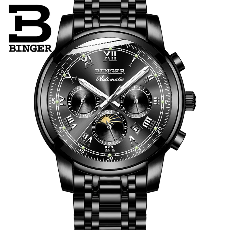 Luxury Watch Men Black Stainless Steel Automatic Mechanical Waterproof Multifunction relogio masculino Luminous Calendar|calendar|calendar