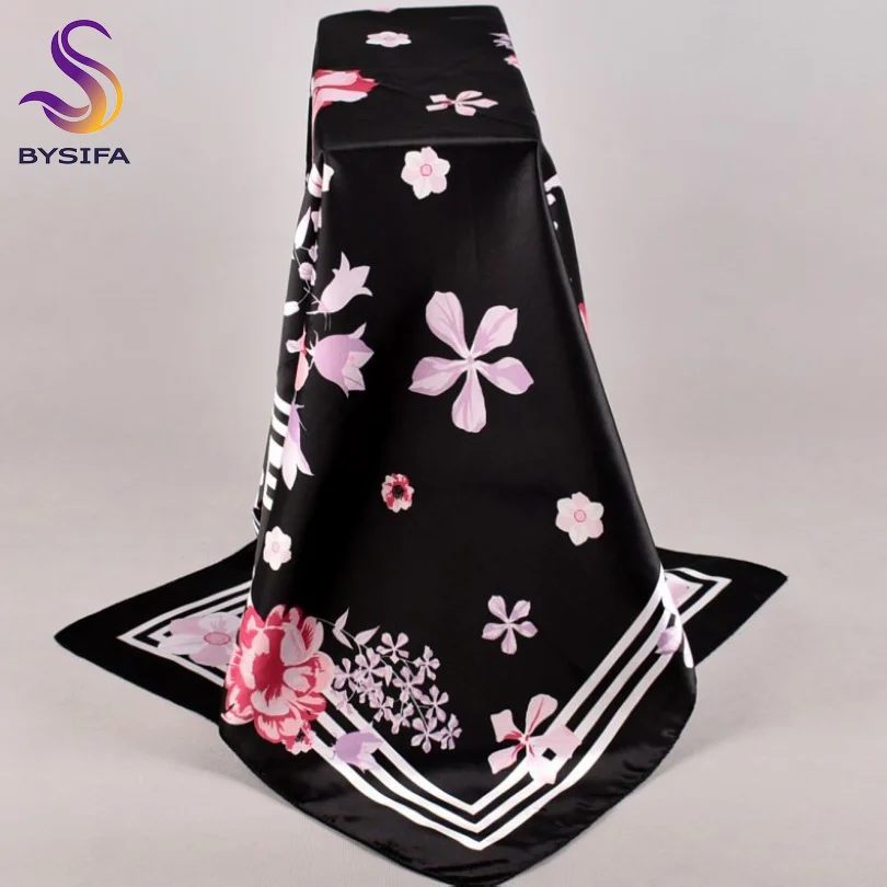 black floral Lenco женский розовый Шелковый шарф с принтом, 90*90 см многоцветный сатин шарф шаль для дам, модный платок весенние шелковые шарфы - Цвет: black floral