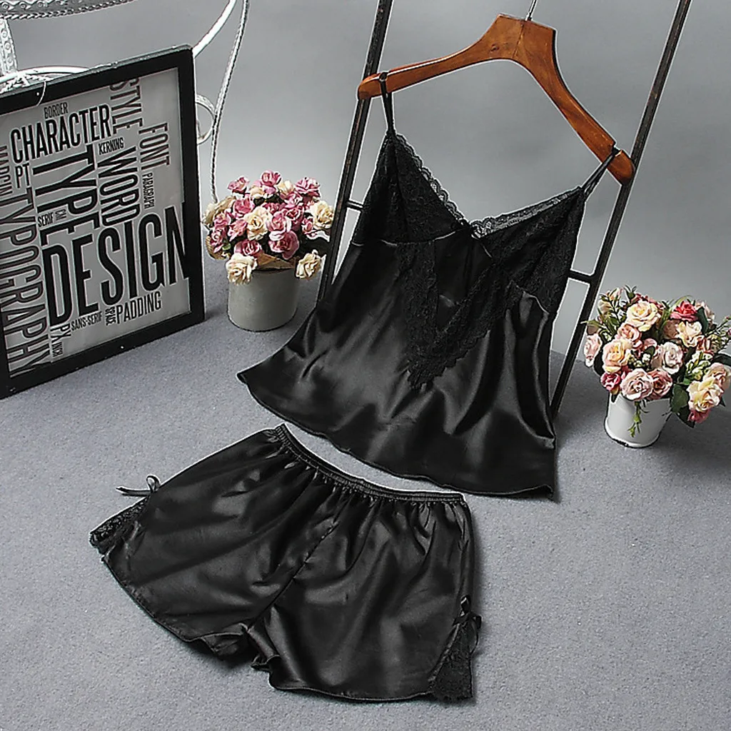 Womens Sexy Satin Sling Sleepwear Lingerie Lace Bowknot Nightdress Underwear Set exy Women | Женская одежда