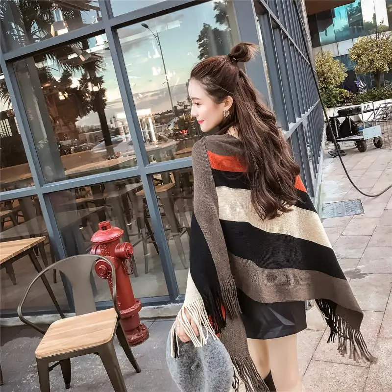 Irregular Cape Fashion Tassel Cloak Women Big size Pullovers 2020 New Knitted Shawl Sweater Loose Striped Knit Jacket f340 |