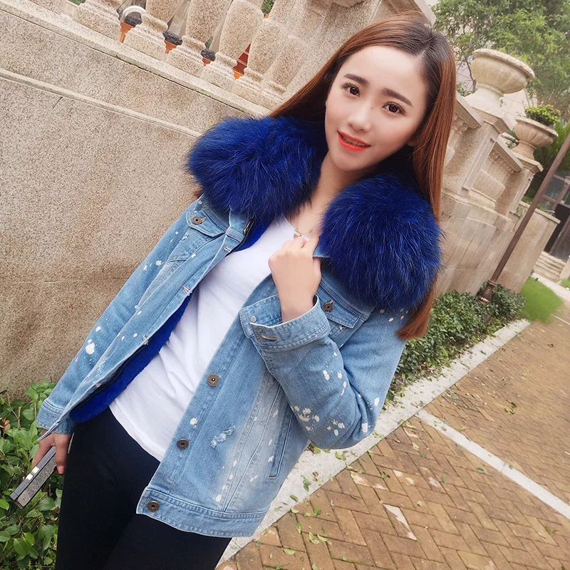 Женское джинсовое пальто с воротником из меха енота теплая куртка толстой