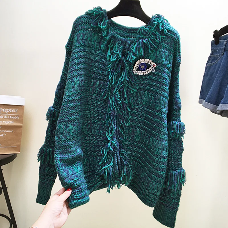 2018 chic autumn and winter new women's Korean matching knit nail drill tassel cardigan coat |