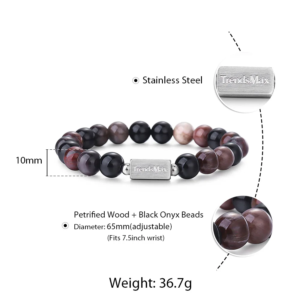 10mm Mens Bracelets Petrified Wood Natural Onyx Stone Stretch Stainless Steel Bead for Men LTBB0020210MM_9 | Украшения и