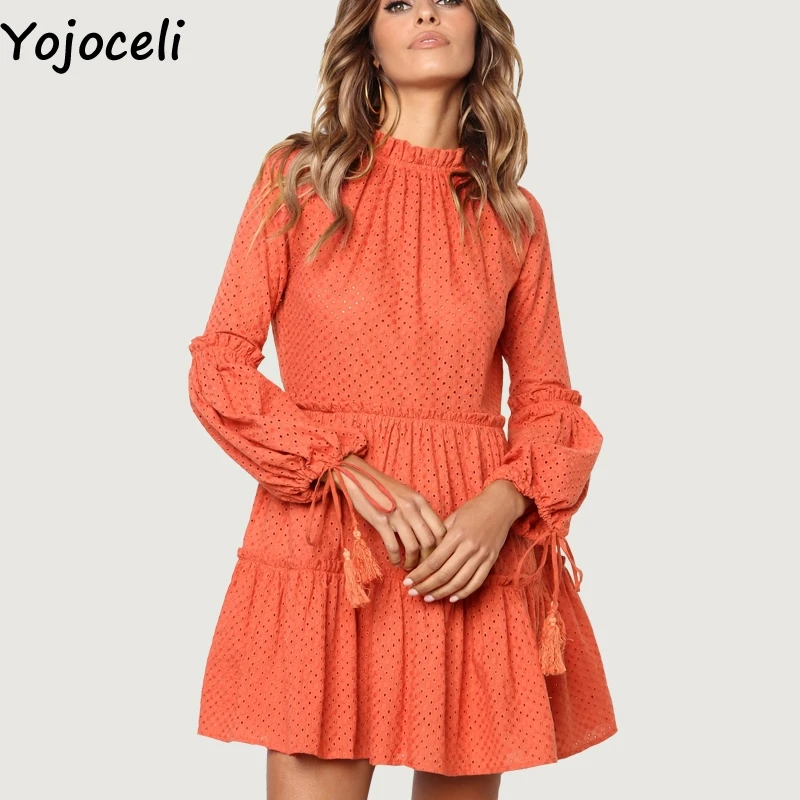Yojoceli Lace tassel ruffle dress women Autumn party short sexy female vestidos Bow elegant daily | Женская одежда