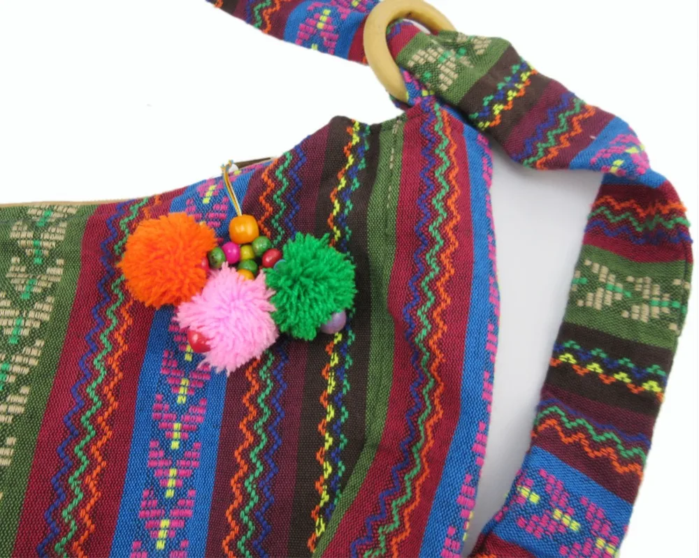 Винтажная ручная сумка hmong Boho, этнический тайский индийский бохо, сумка-мессенджер, сумка-хобо, сумка-тоут, помпон, отделка бусинами, sys-1015B (art.: 7a97ad446) - 7a97ad446