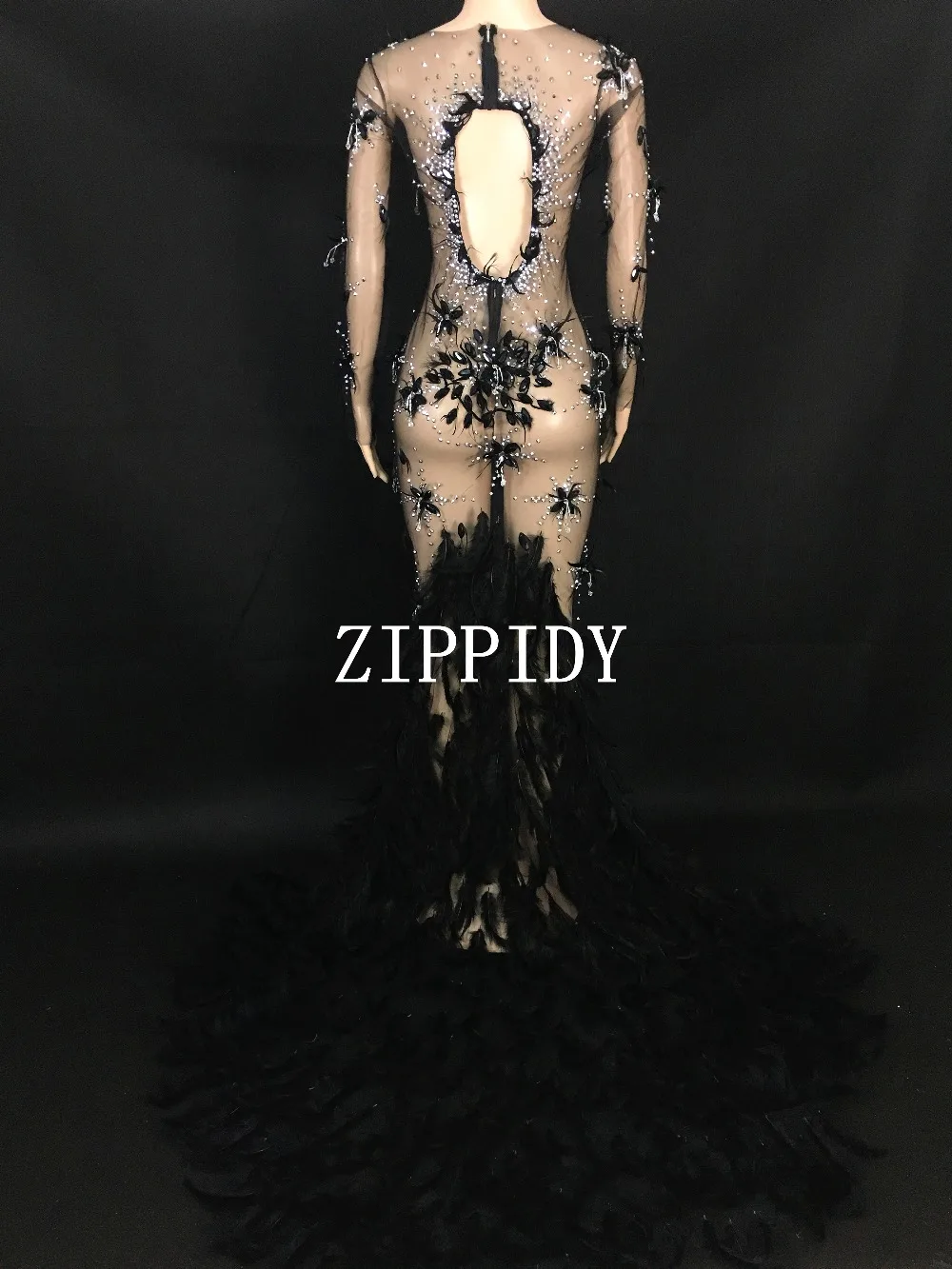 Женское платье со стразами и пером длинное прозрачное для вечеринок танцев на