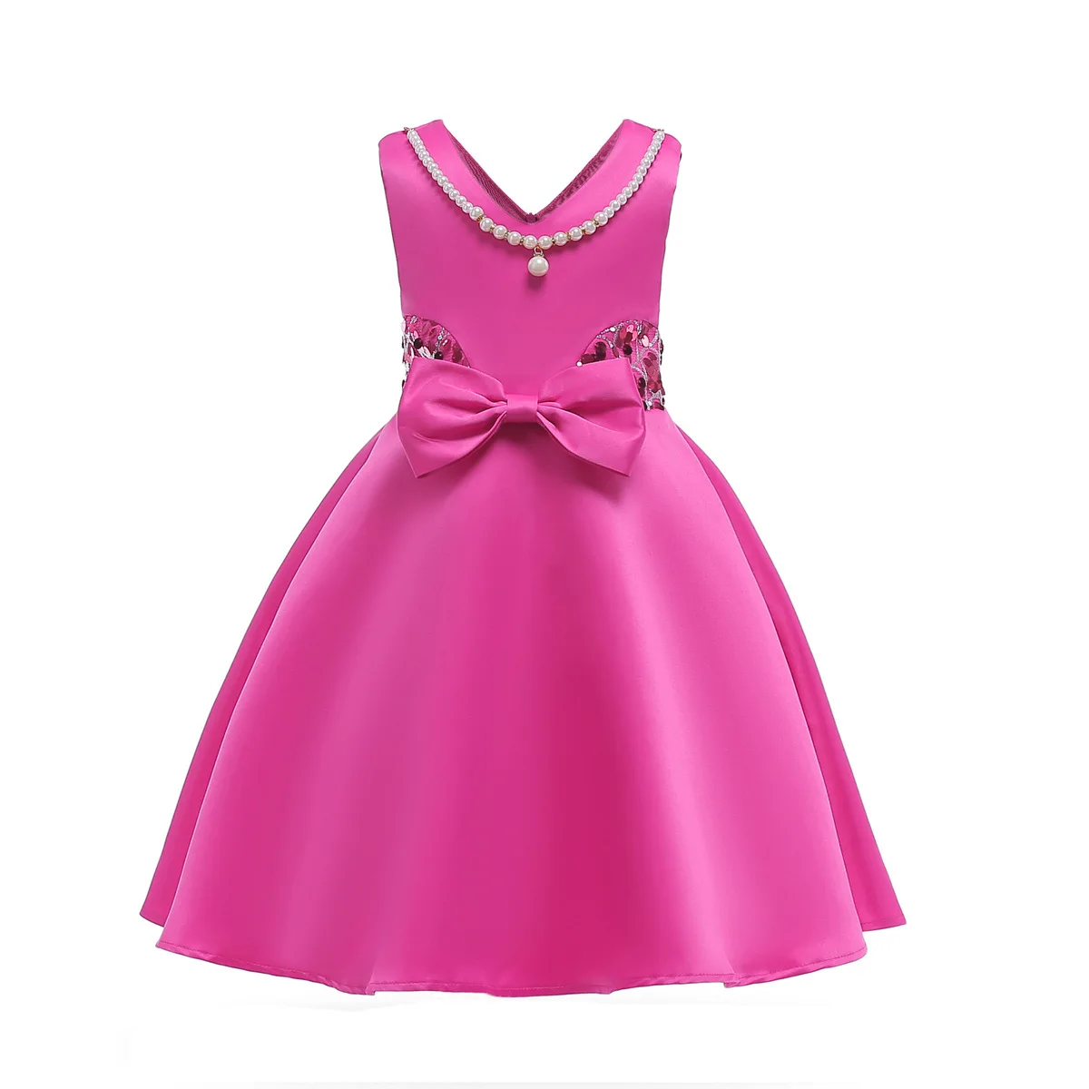 

Europe And The United States Summer New Children's Girls Solid Color Sequin Bow + Pearl Necklace Princess In Children Dress #1