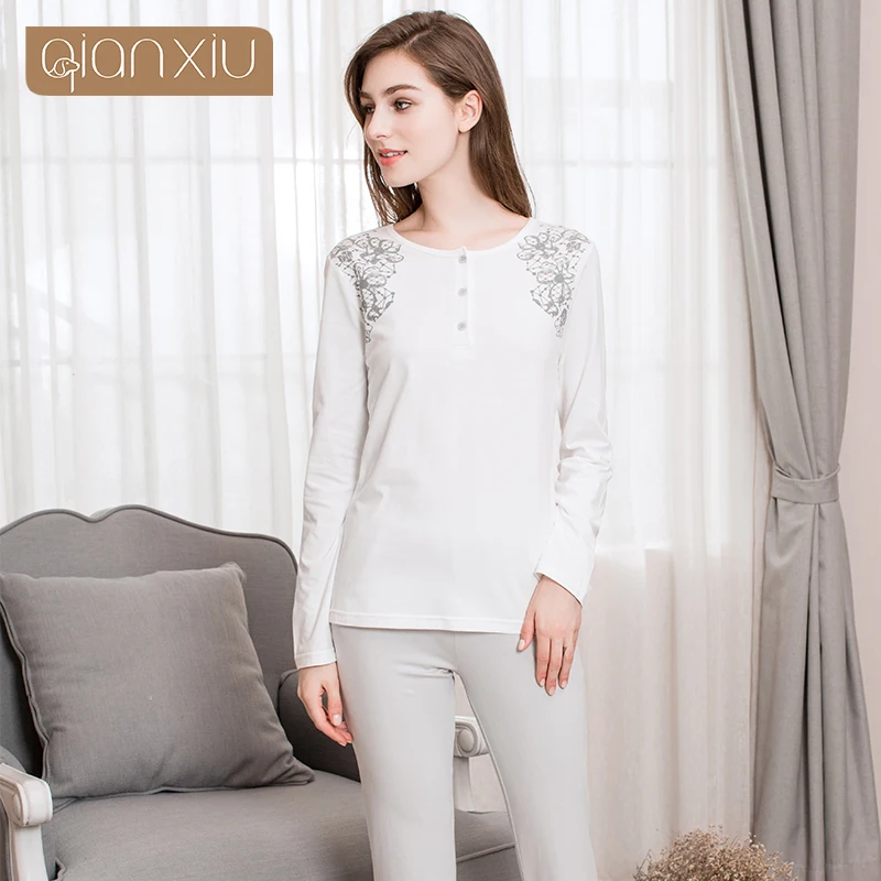 Женский пижамный комплект с цветочным принтом футболка длинным рукавом + штаны