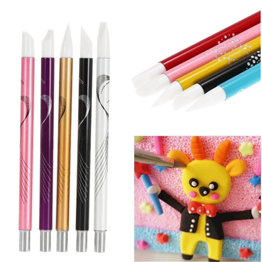 1set 2 Way Crystal Nail Art Brush Pen Silicone Head Carving Emboss Shaping Hollow Sculpture Acrylic Manicure Dotting Tools | Красота и